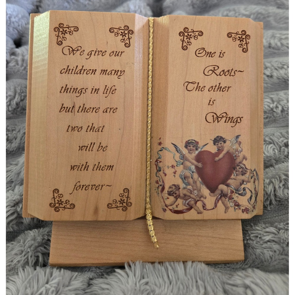 Vintage 1994 Three Friends Ltd Wooden Book Plaque Cherub Roots and Wings Decor